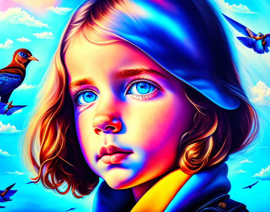 Colorful digital artwork: Young child with blue eyes and cap, birds in blue sky