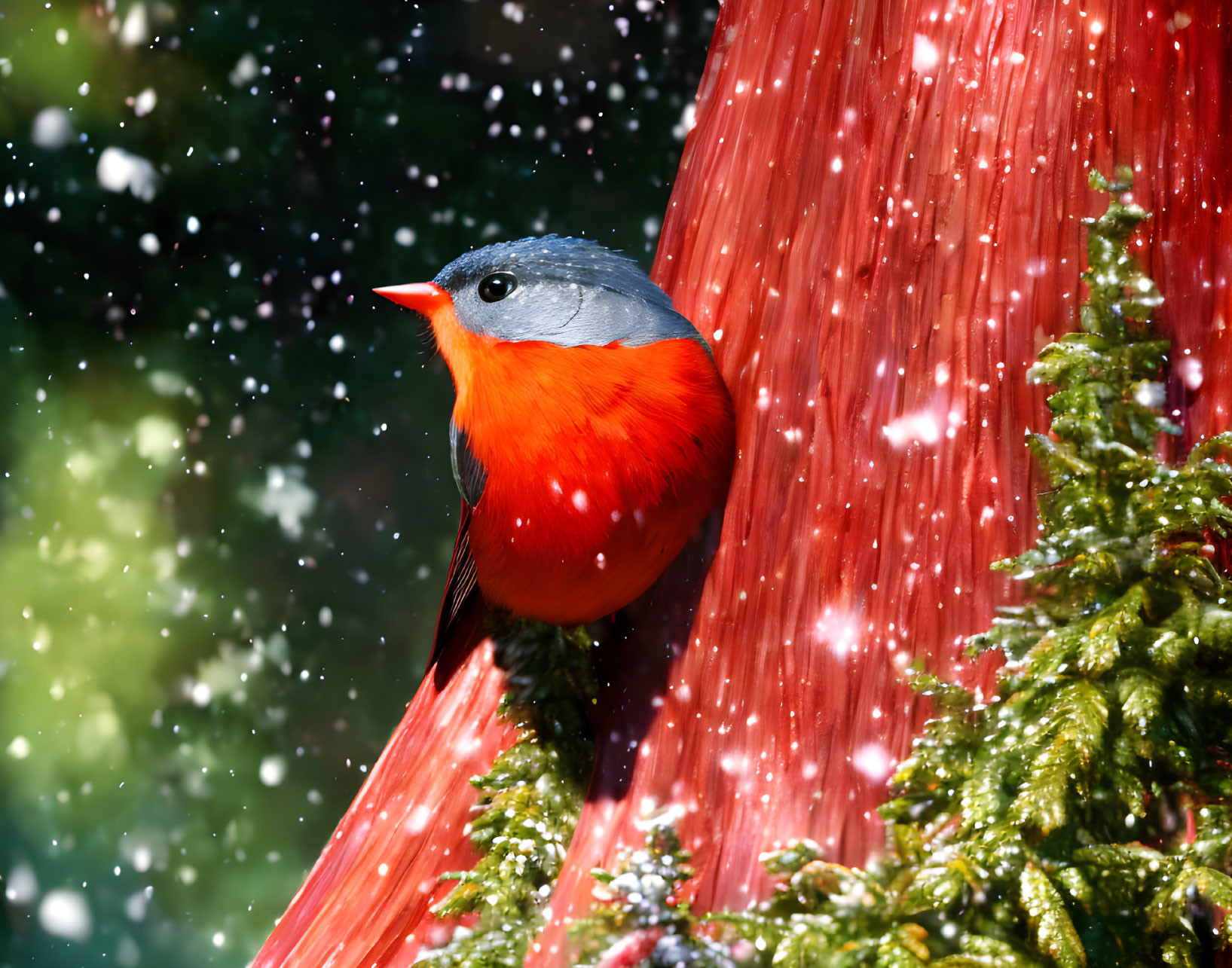 Red bird on grey tree trunk with snowflakes and green coniferous tree