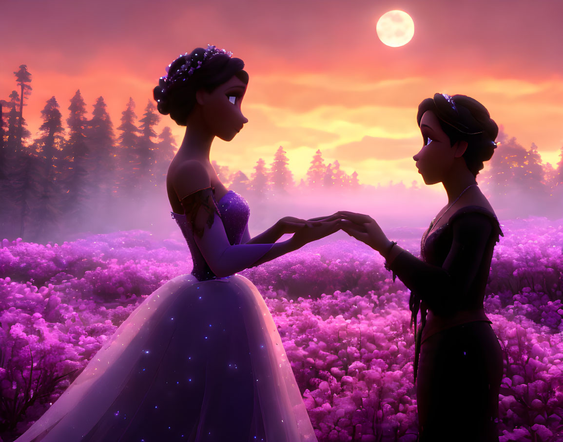 Animated characters holding hands in romantic moonlit forest