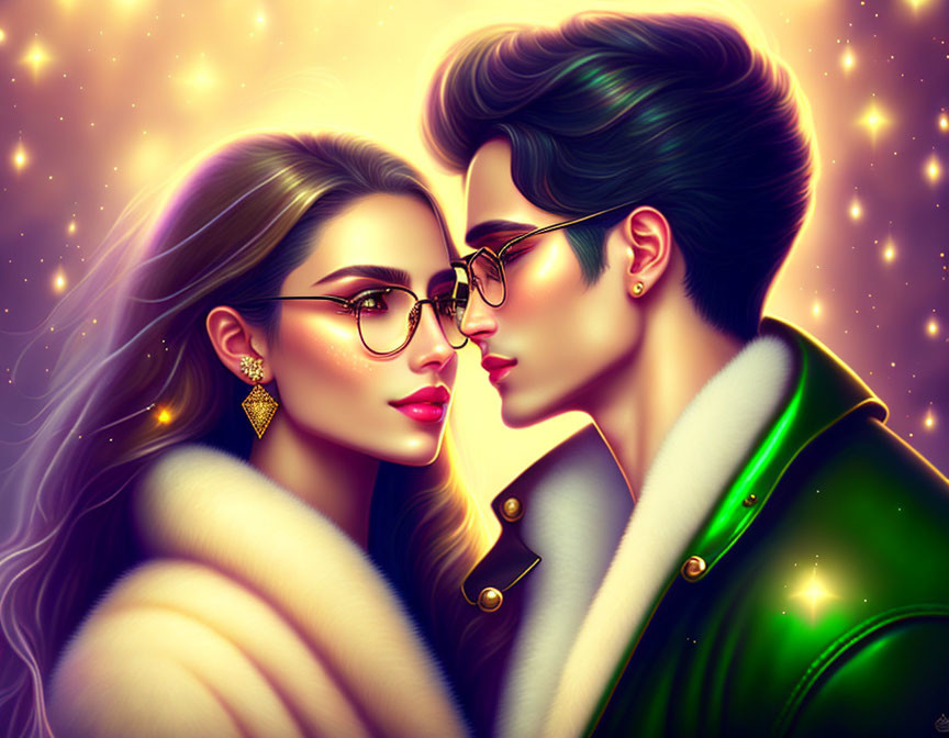 Stylized illustration of couple in glasses with starry background