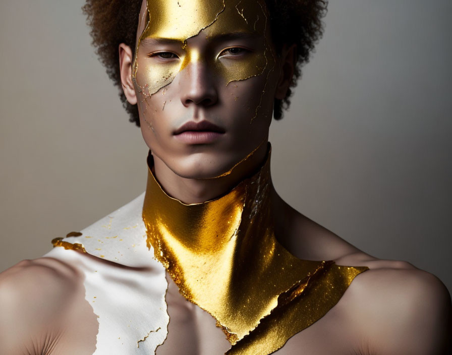 Curly-haired person with cracked golden paint resembling shattered pottery