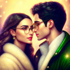 Stylized illustration of couple in glasses with starry background