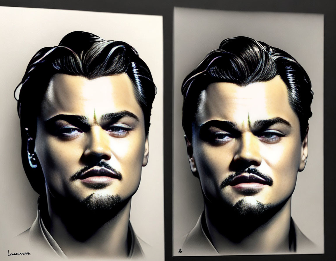 Stylized portraits of a man with slicked-back hair and goatee, featuring lighting and expression