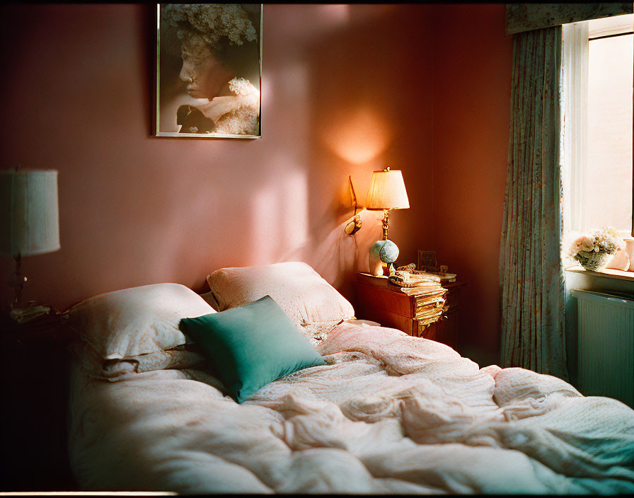 Warmly lit cozy bedroom with unmade bed, white bedding, teal pillow, bedside tables, lamps