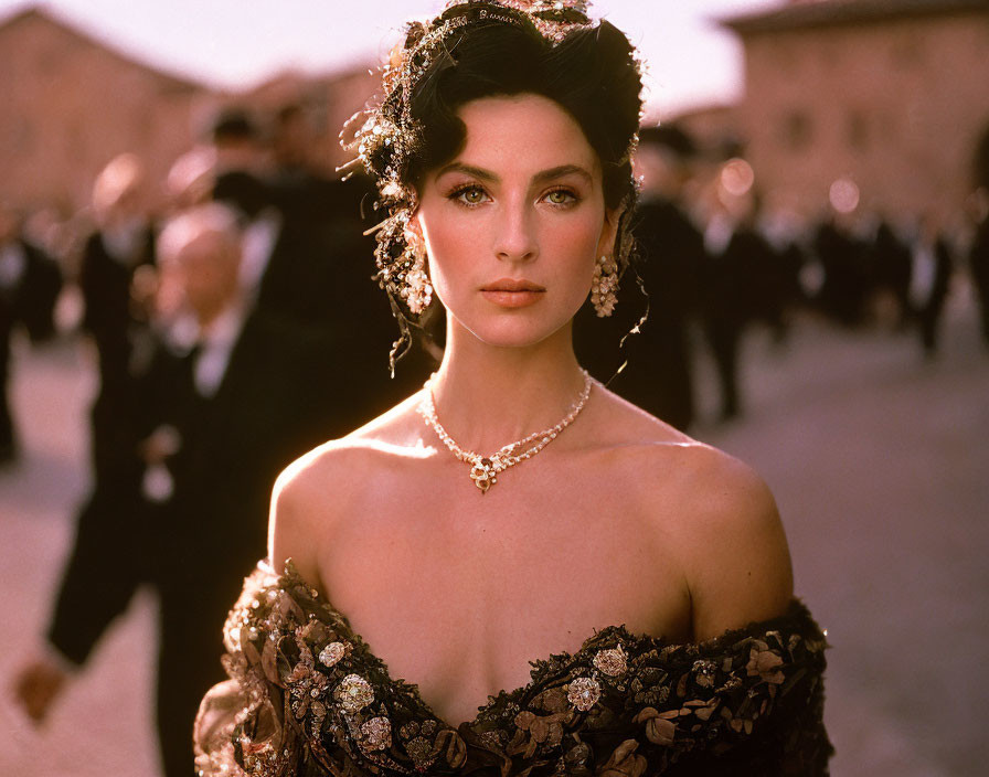 Dark-Haired Woman in Historical Costume with Floral Details and Pearl Necklace among Crowd