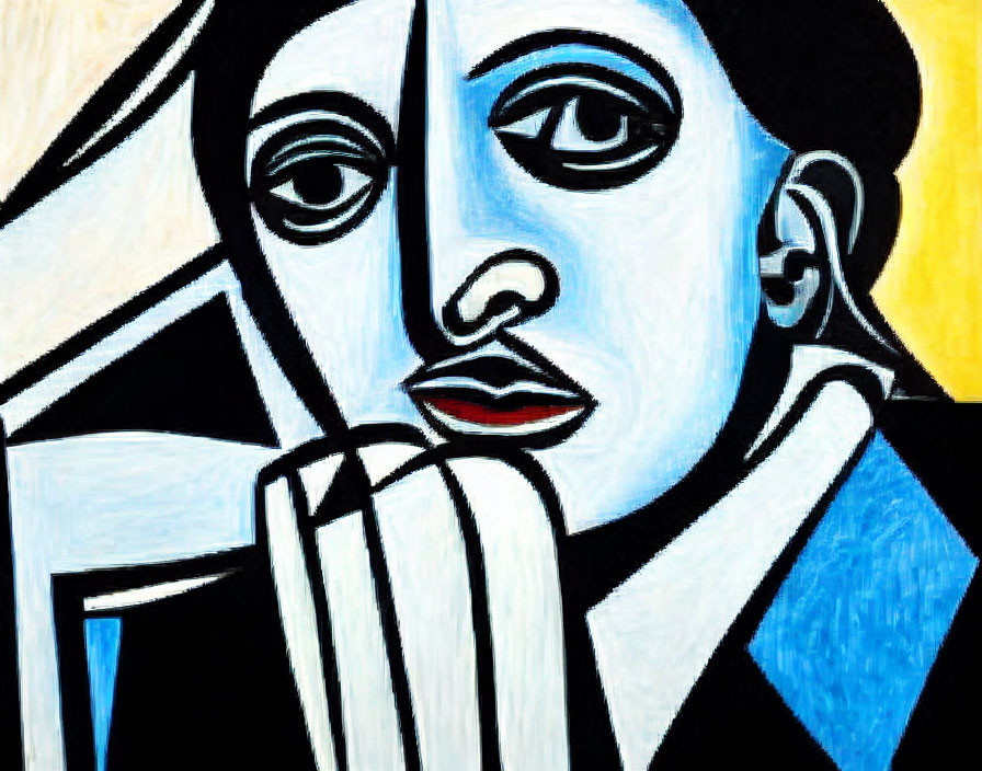 Abstract portrait with bold lines and colors, featuring a contemplative figure and striking blue shadow.