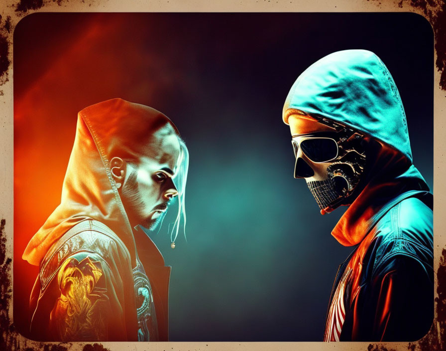 Two profile individuals with skull-like mask and hoodie in moody lighting