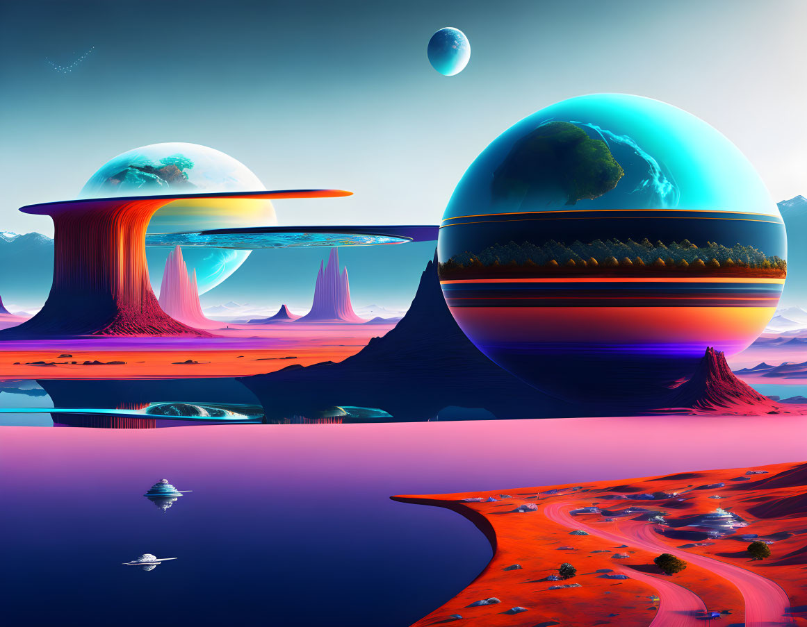 Futuristic sci-fi landscape with glowing orbs, spaceships, and vibrant colors