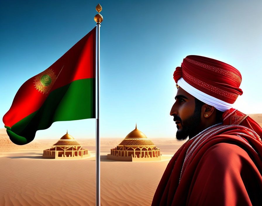 Traditional Attire Man Gazes at Desert Tents and Flag