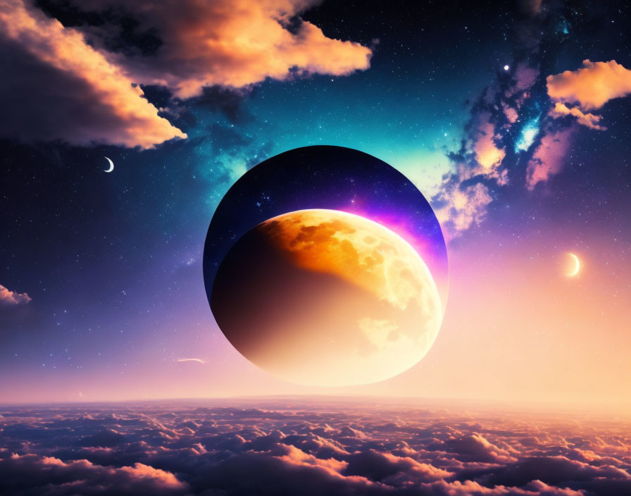 Large Moon and Crescent Planets in Fantasy Cosmic Scene