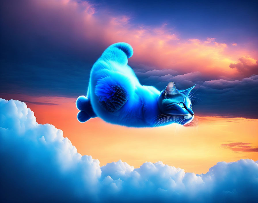 Surreal glowing blue cat in vibrant sunset sky