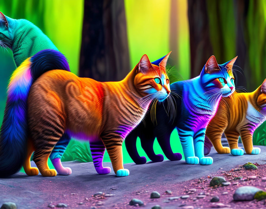 Four vibrant, multicolored cats with exaggerated features in a fantastical forest setting