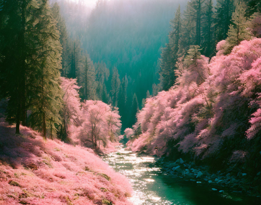 Tranquil river in mystical forest with pink foliage under warm light