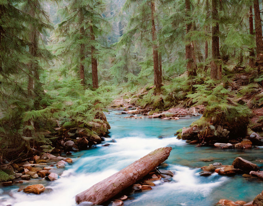 Tranquil forest landscape with evergreens, turquoise stream, and fallen log