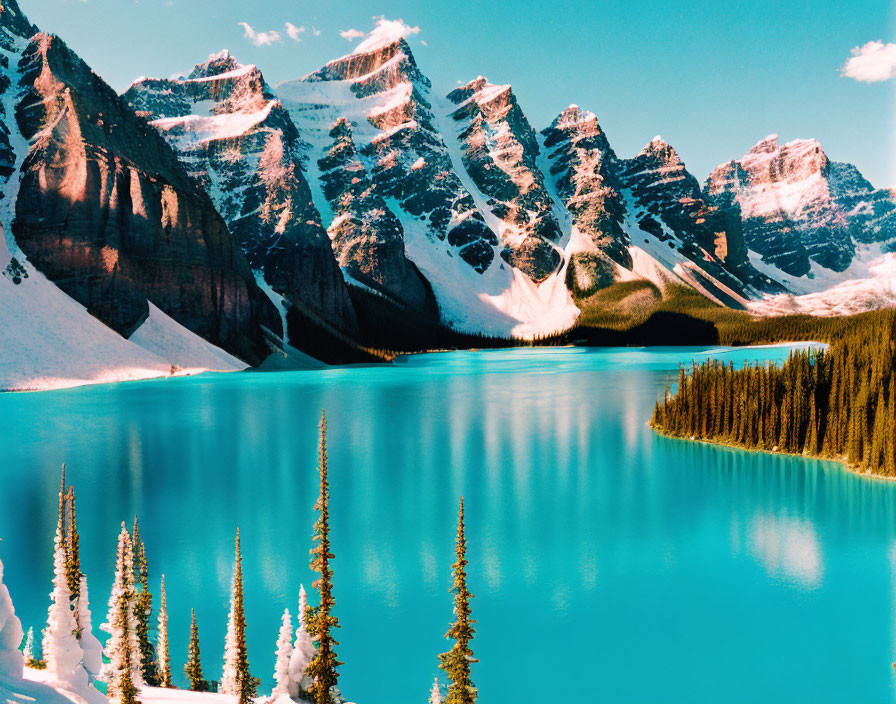 Snow-Capped Mountain and Turquoise Lake Scene