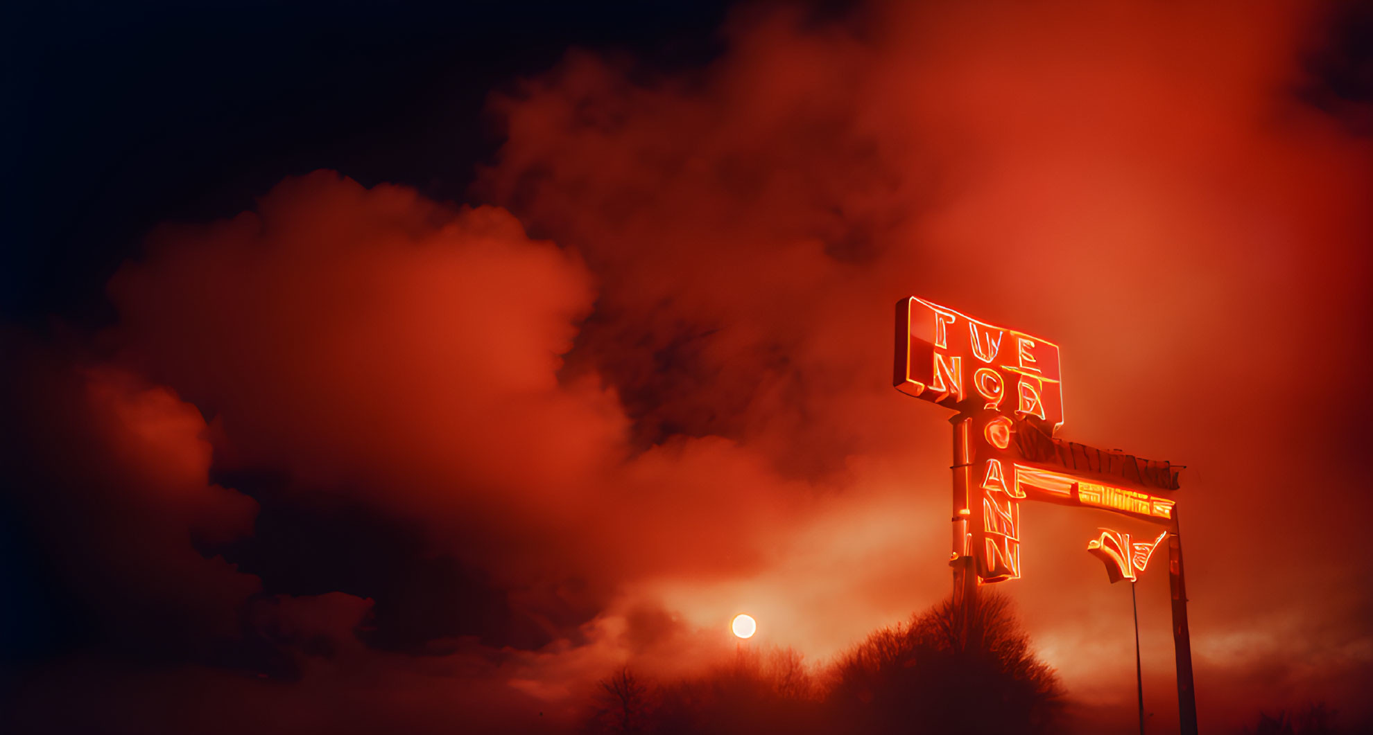 Neon sign illuminated against dramatic red sky at dusk