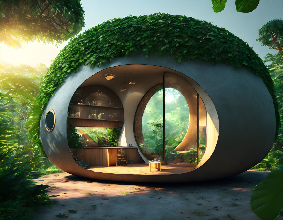 Spherical eco-house in lush forest with glass doors & wooden interior