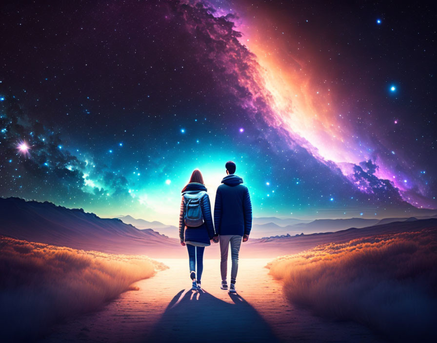 Couple walking under vibrant night sky with stars and colorful nebula