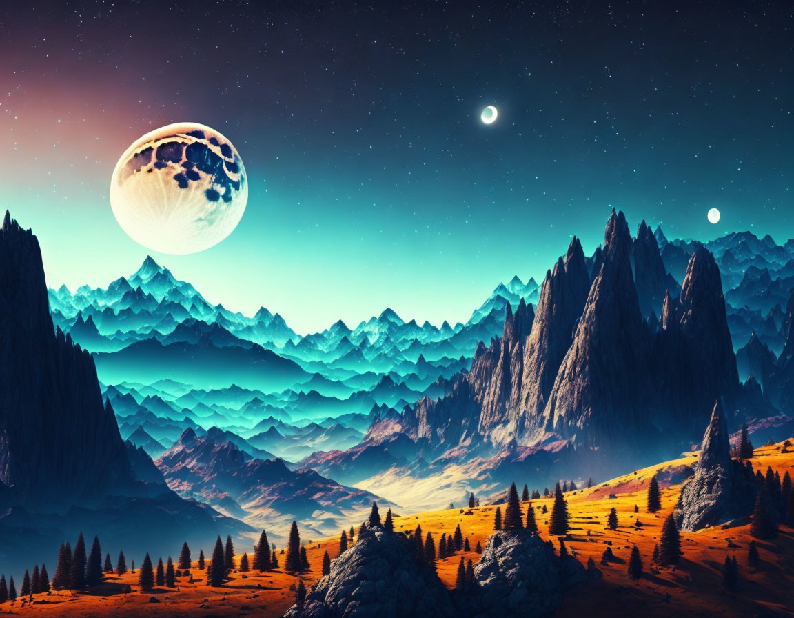 Fantastical landscape with layered mountains and large moon.