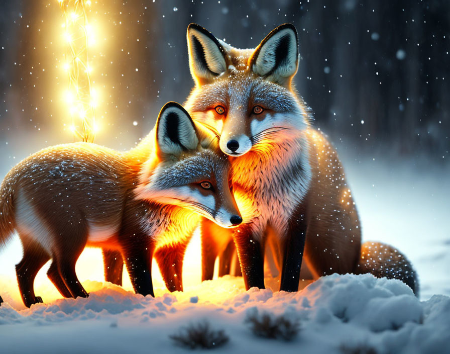 Snowy setting with two foxes and glowing light in falling snowflakes.