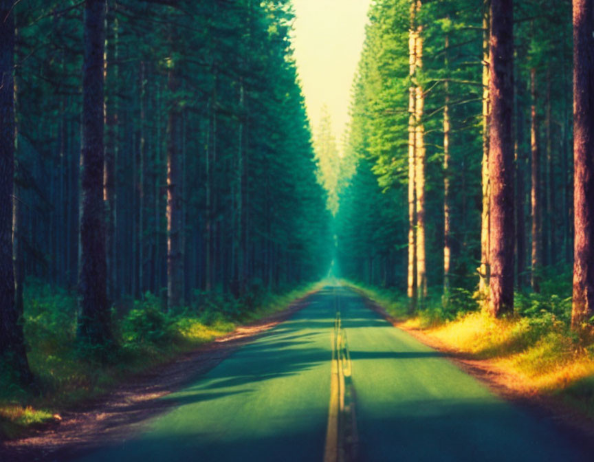 Sunlit Road Through Pine Forest with Soft Shadows and Warm Glow