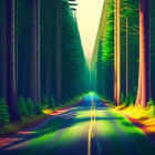 Sunlit Road Through Pine Forest with Soft Shadows and Warm Glow