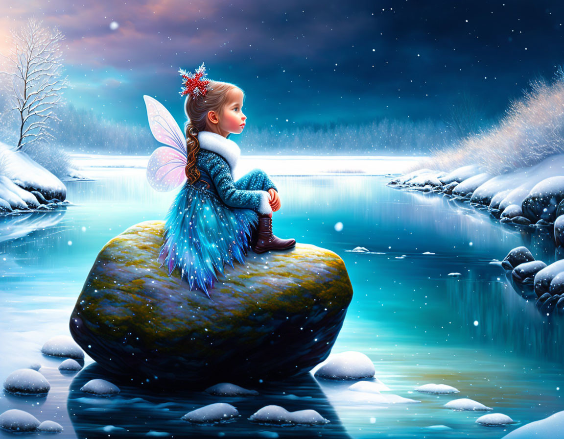 Iridescent-winged fairy child by snowy riverbank at twilight