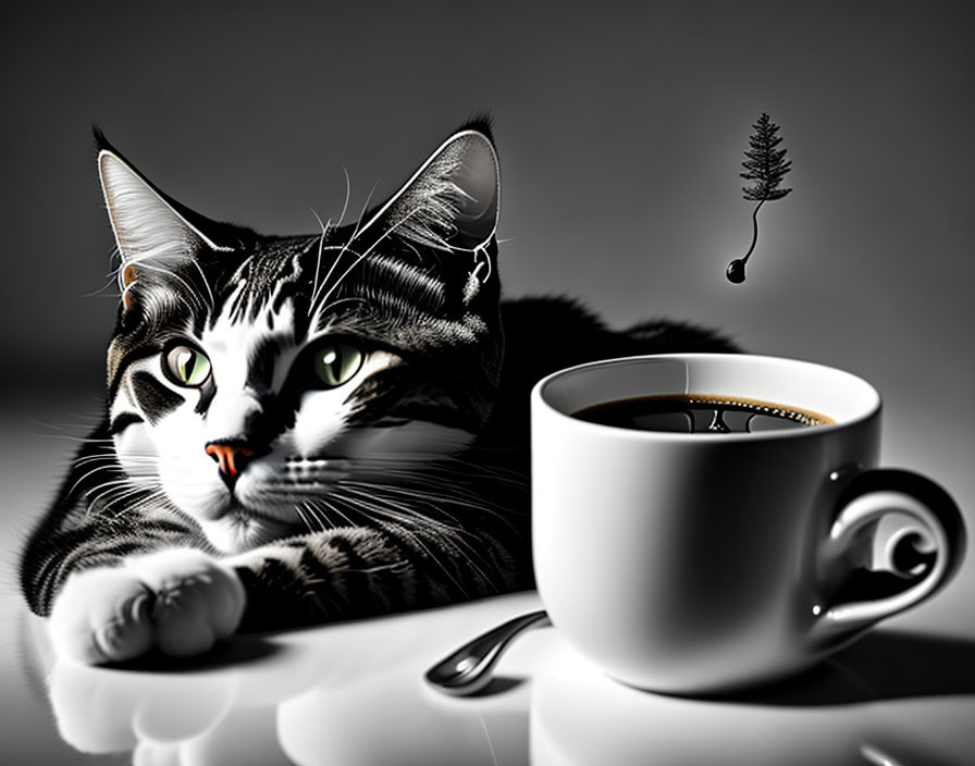 Black-and-White Cat with Green Eyes Beside Coffee Cup and Feather