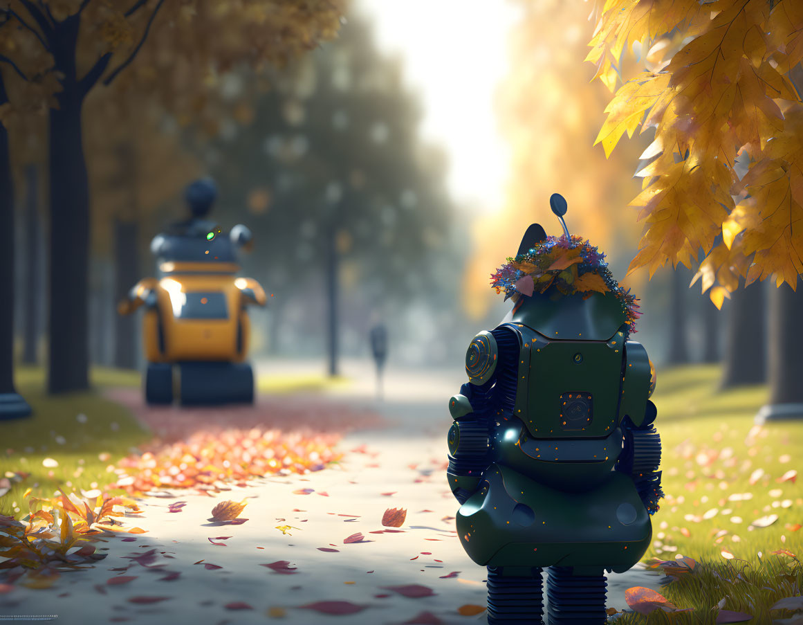 Two robots in autumn park: one walking away, one watching, surrounded by fallen leaves and golden sunlight