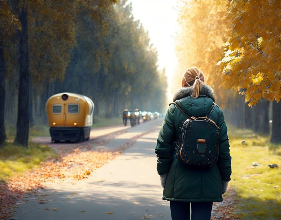 Person with backpack on autumn pathway watching bus and cyclists amidst fall foliage