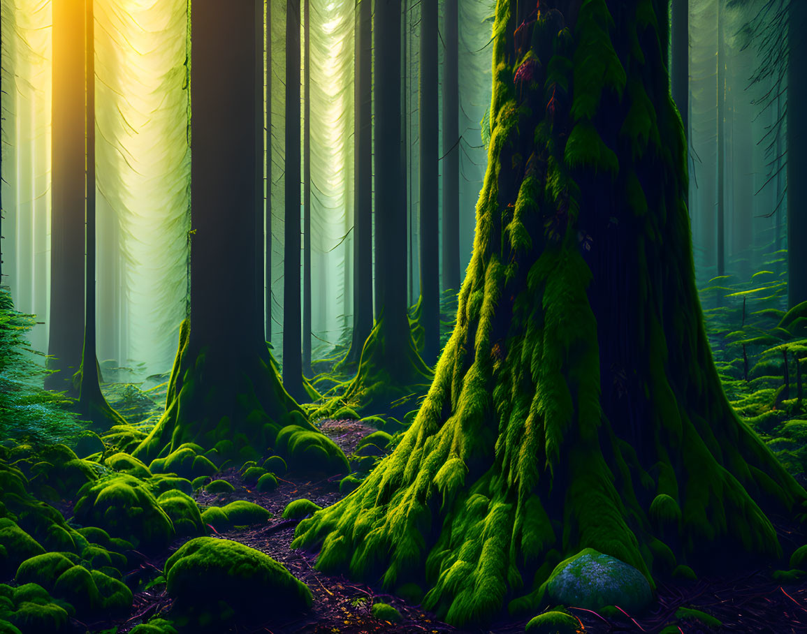 Misty forest with sunbeams illuminating green moss-covered trees