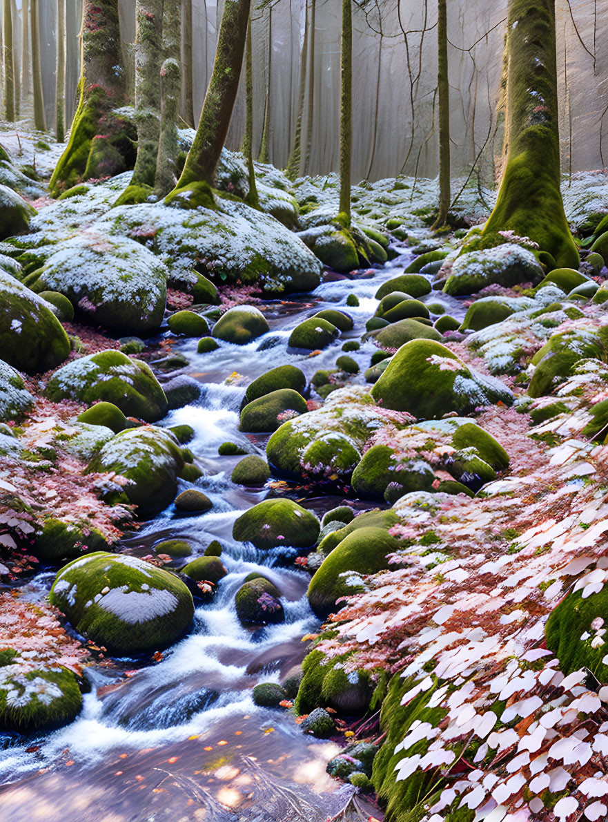 Tranquil forest scene with stream, moss-covered rocks, snow, and autumn leaves.