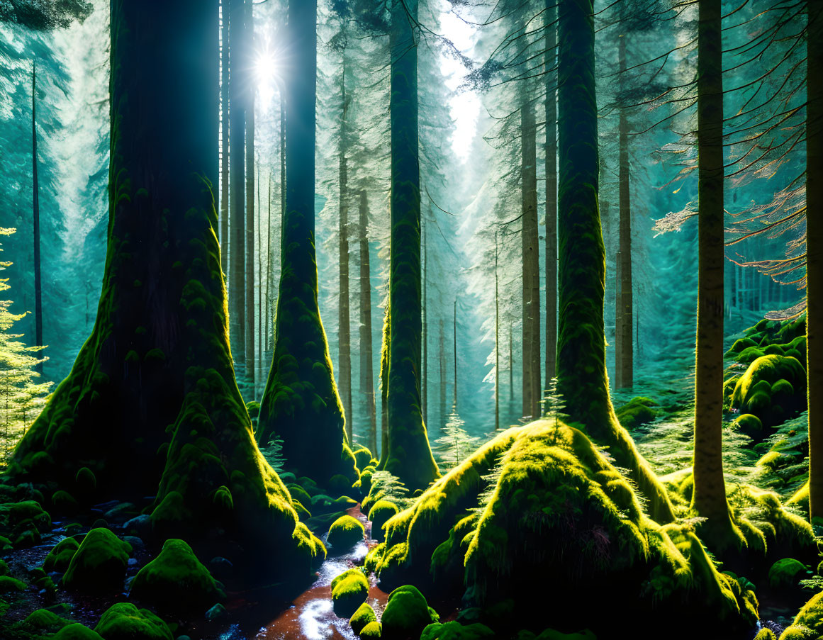 Sunlight illuminates moss-covered forest with stream