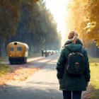 Two robots in autumn park: one walking away, one watching, surrounded by fallen leaves and golden sunlight