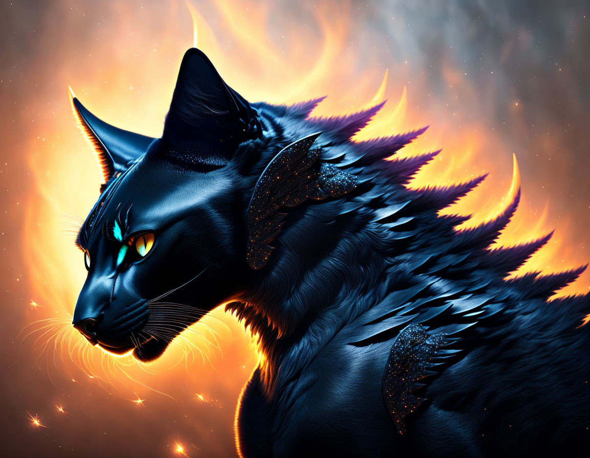 Black Cat with Glowing Eyes and Fiery Wings in Ember Background