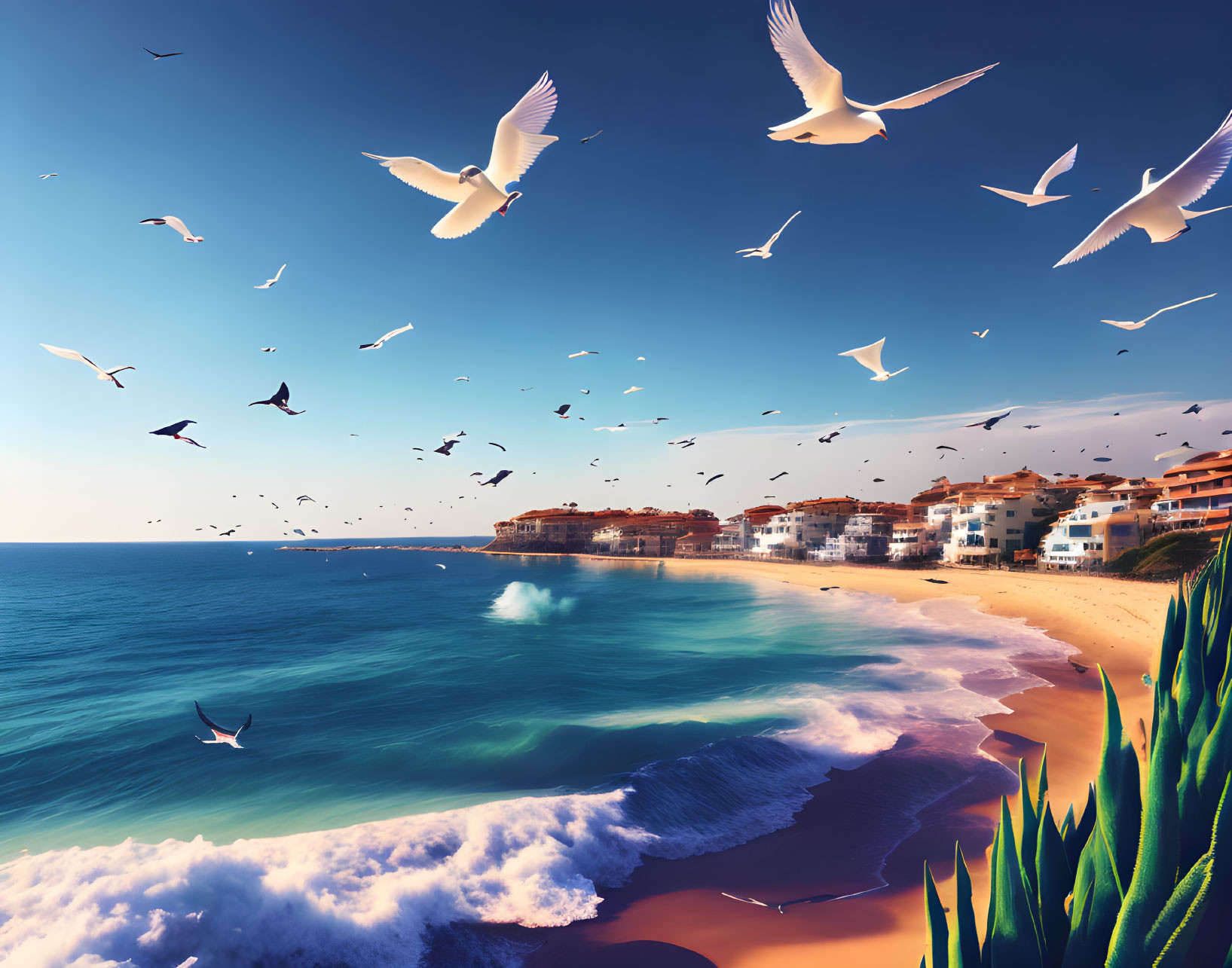 Seagulls flying over serene beach with waves and houses under clear blue sky