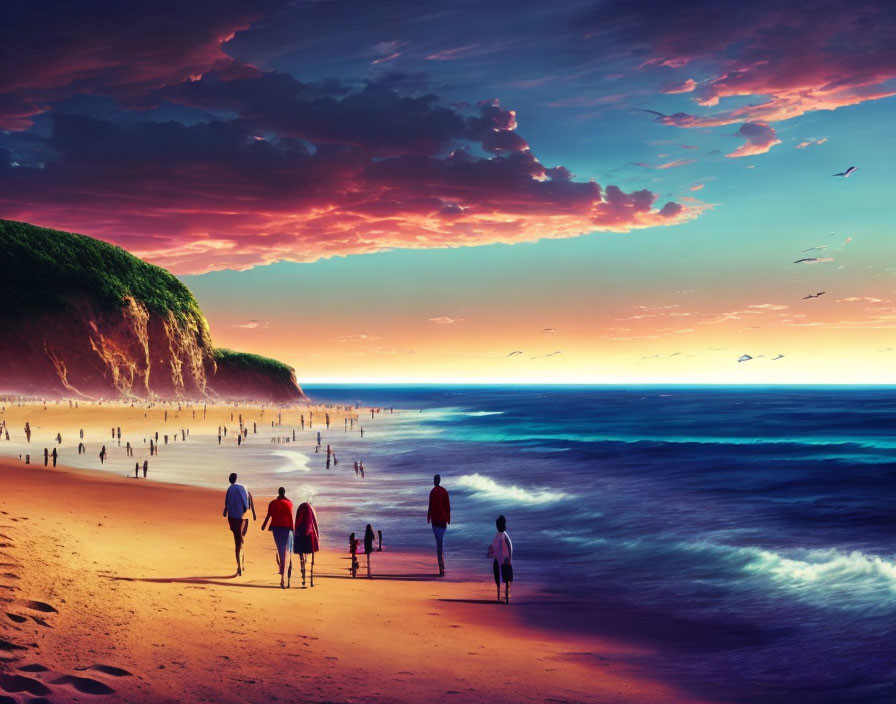 Family walking on beach at sunset with vibrant skies, gentle sea, distant people, and flying birds.