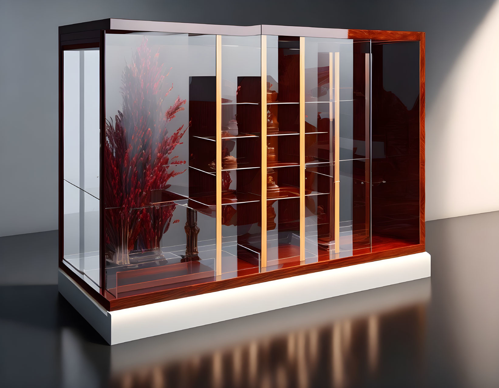 Sleek Glass Shelf Display Cabinet with Polished Wooden Frame