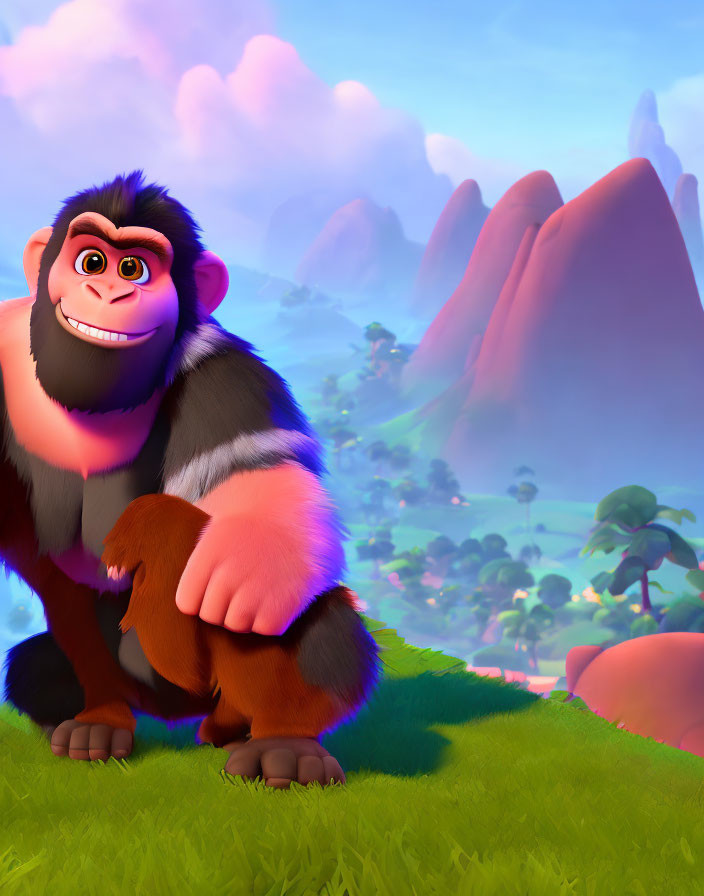 Colorful Landscape with Animated Gorilla and Purple Mountains