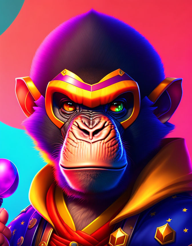 Colorful digital artwork: stylized monkey in superhero attire with thoughtful look