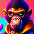 Colorful digital artwork: stylized monkey in superhero attire with thoughtful look