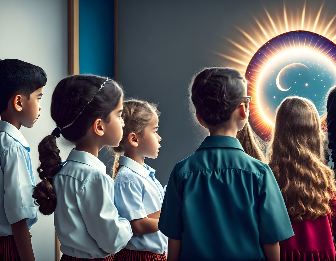 Schoolchildren captivated by celestial eclipse from window