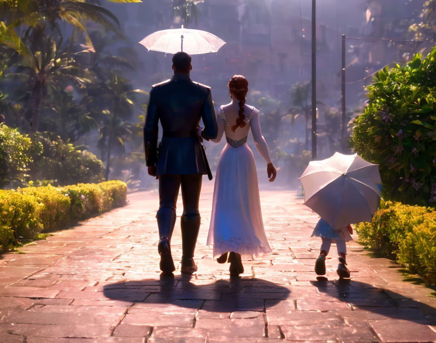 Family with white umbrellas walking in sunlit cityscape