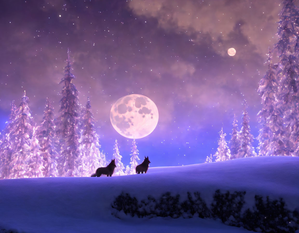 Snowy Night Wolves Howling in Moonlit Forest