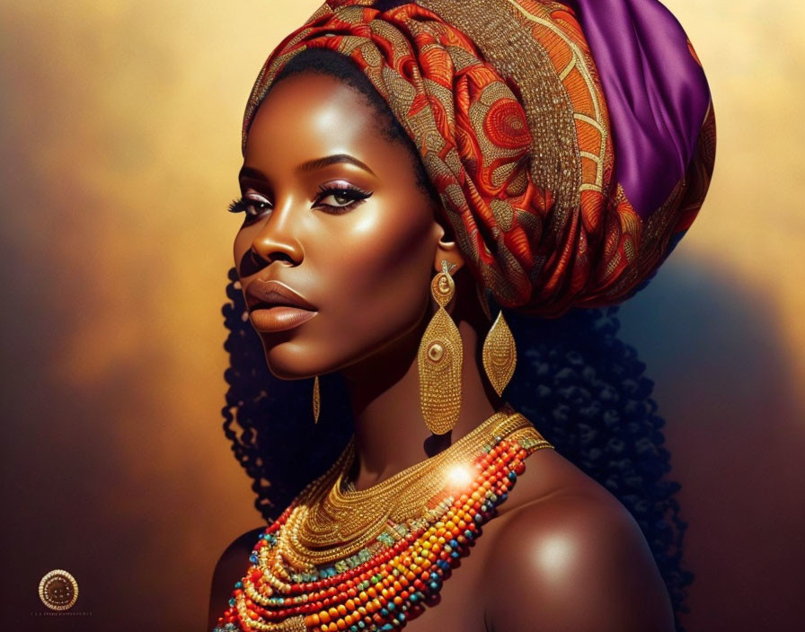 Woman with vibrant headwrap and intricate jewelry gazing confidently.