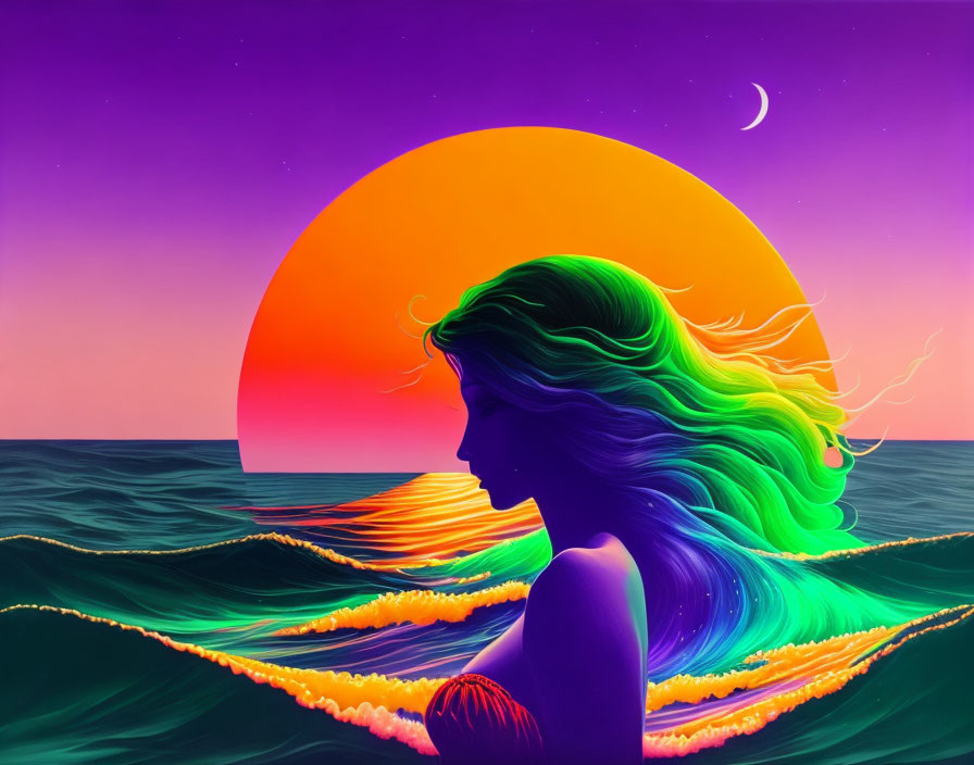 Colorful Woman's Silhouette Against Sunset with Moon and Ocean Waves