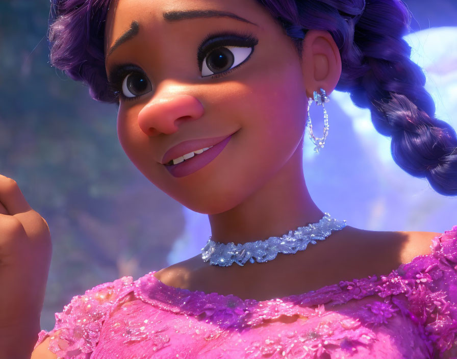 Animated female character with purple hair and pink dress against blurred background