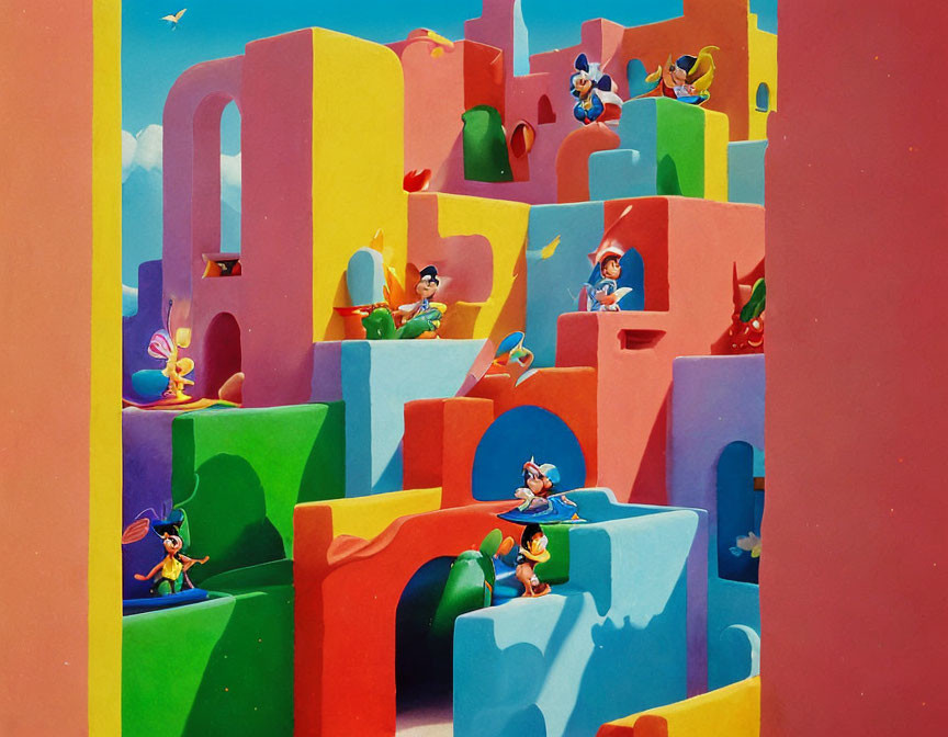 Vibrant maze illustration with animated characters in colorful pathways