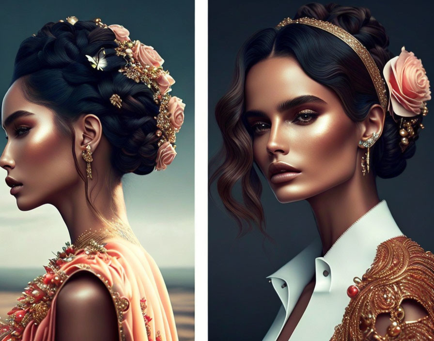 Digital artwork of woman with intricate updo, floral accessories, detailed makeup, and elegant attire