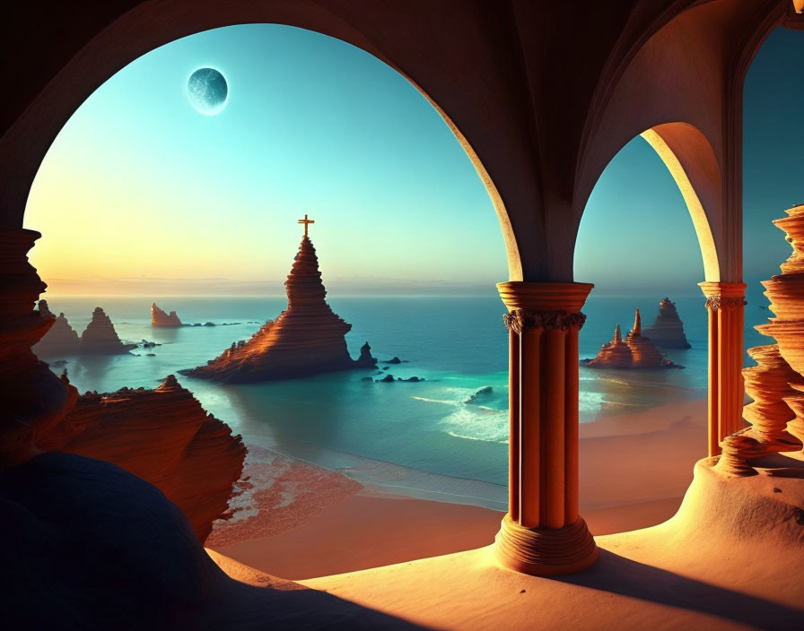 Coastal sunset view with rock formations and archways under crescent moon